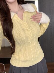DAZY Women's Contrast Color Lapel Long Sleeve Button Half-Placket Casual Sweater Fall - Yellow - View 10