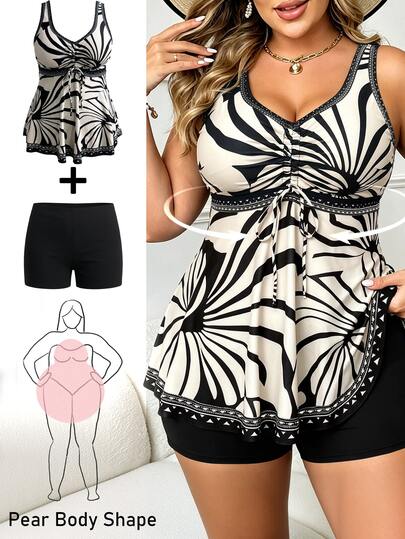 Swim Lushoire Plus Size Women's All-Over Print Tankini And Shorts Two-Piece Swimsuit Set