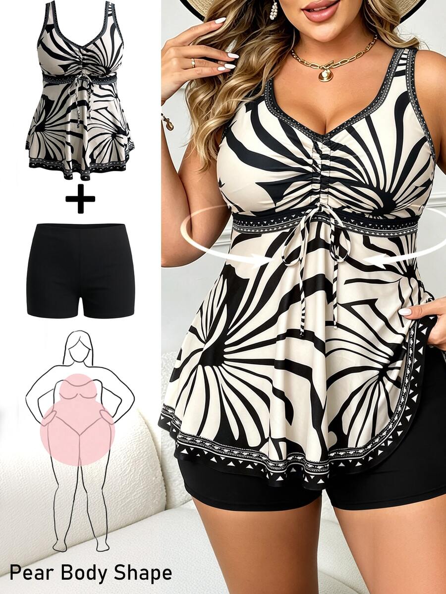 Swim Lushoire Plus Size Women's All-Over Print Tankini And Shorts Two-Piece Swimsuit Set - Multicolor - View 1