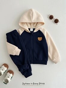 Cozy Pixies 男嬰卡通熊圖案拼色長袖秋冬夾克彈性腰長褲2件套，保暖內裡加厚，適合冬季 - 藏蓝色 - 查看 1