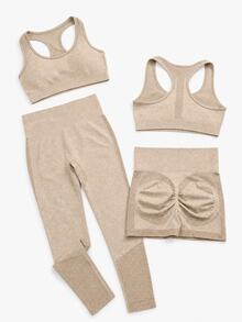 SHEIN Velisys Seamless Knit Tank Top & Shorts / Tank Top & Pants Matching Women's Sports Set - Khaki - View 2