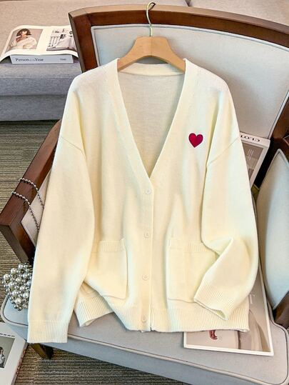 GlowEve CURVE Plus Size Women's Casual Daily Fashion Minimalist Button Knit Cardigan, Solid Color Heart Embroidery, Loose Fit With Pockets Winter