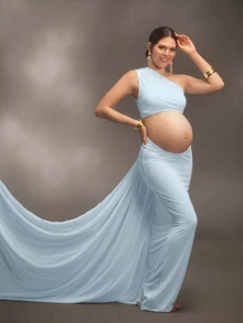 Cheriluna Maternity 優雅孕婦流暢緞帶攝影套裝，適合嬰兒洗禮派對拍照，嬰兒藍色，冬季款 - 淺藍色 - 查看 6