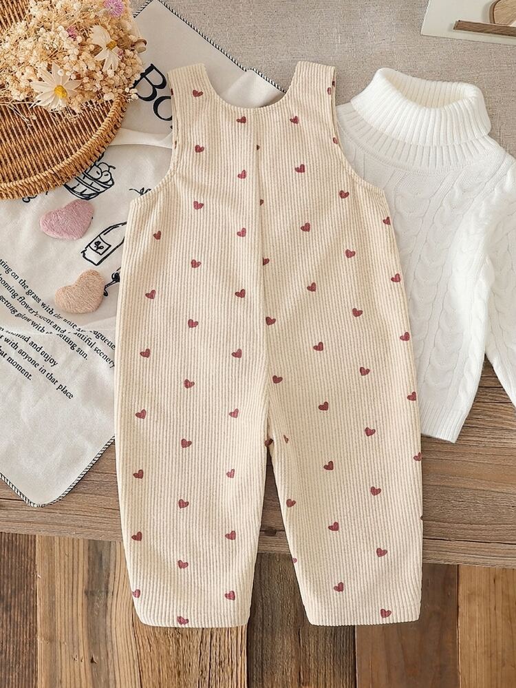 SHEIN Baby Set Corduroy Round Neck Sleeveless Botanical Pocket Button Long Loose Fit Romper Fall Apricot - Apricot - View 2