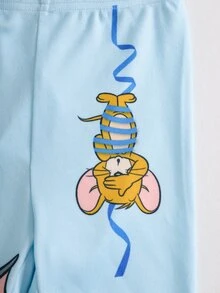 TOM & JERRY X SHEIN 男嬰卡通印花長袖上衣與長褲休閒日常居家睡衣套裝 - 淺藍色 - 查看 6
