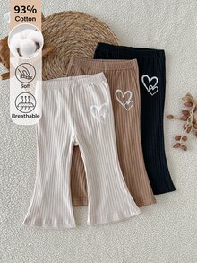 SHEIN 3件組女嬰0-3歲棕色米色黑色愛心印花羅紋針織喇叭褲，柔軟高彈性秋季校園風，百搭日常穿著 - 彩色 - 查看 3