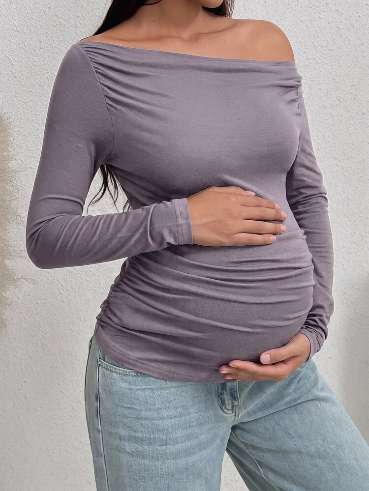 SHEIN Maternity Solid Color Ruched Asymmetric Neck Long Sleeve Fitted T-Shirt Formal Photoshoot Colorful Autumn Casual Loose Fit - Dusty Purple - View 5