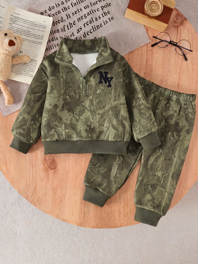 Conjunto de 2 piezas para bebé niño, moda casual con estampado de hojas secas, sudadera de forro polar de manga larga con cuello medio alto y cremallera, pantalones de sudadera con estampado de hojas secas, conjunto suave adecuado para salidas en otoño/invierno - Multicolor - Añade 7