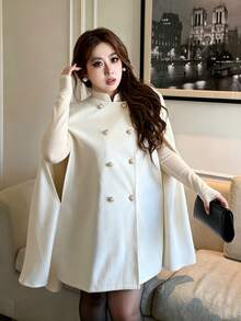 Vibekara Plus Size Wool Cape Coat Elegant Double-Breasted Autumn/Winter - White - View 6