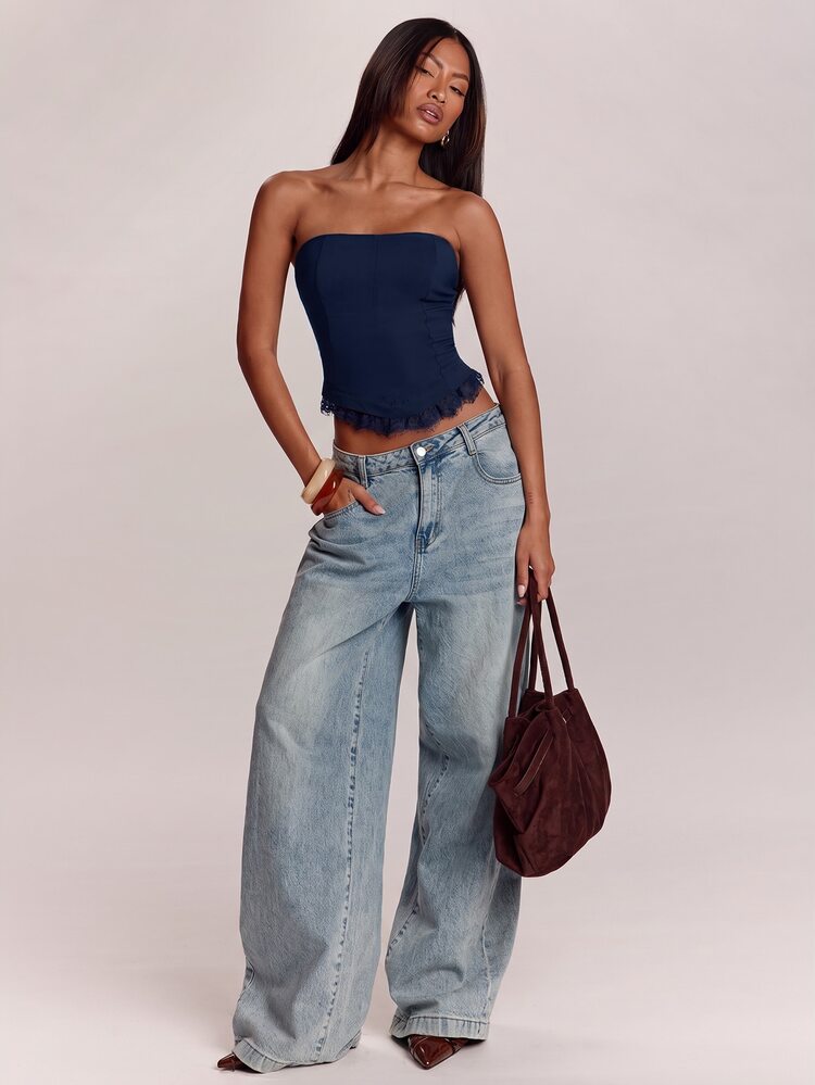 SHEIN BAE ملابس علوية نسائية بدون حمالات بلون موحد للارتداء اليومي العادي - أزرق بحري - مشاهدة 3