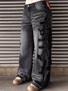 StreetHx Women's Fashion Casual Grunge Streetwear Distressed Vintage Retro Straight Leg Jeans Music Rave Dark Grey Going Out Fall - Grey - View 3