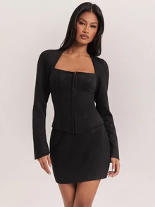 SHEIN BAE Women's Solid Color Long Sleeve Blazer And Mini Skirt Suit Set - Black - View 8