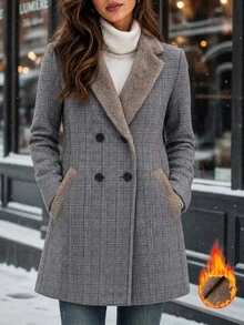 Editum Women's Winter Fashion Plaid Double-Breasted Overcoat - Grey - View 1
