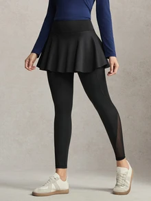 Activina Women's Summer&Spring Elegant Black Athletic 2 In 1 Skirt Leggings With Ruffled Skirt And Sheer Mesh Details Perfect For Workouts - Black - View 4
