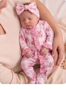 SHEIN Newborn Baby Girl Cute Knitted Pink Plaid Bear Romper With Headband - Pink - View 1