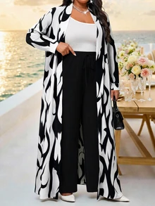 SHEIN Lady CURVE Plus Size Fashion Commuter All-Over Print Jacket & Pants 2 Pieces Set - Multicolor - View 4