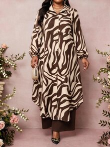 SHEIN Lady 大尺碼女款全印花上衣與長褲休閒日常兩件套 - 彩色 - 查看 1