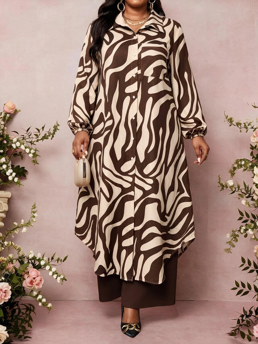 SHEIN Lady 大尺碼女款全印花上衣與長褲休閒日常兩件套 - 彩色 - 查看 1