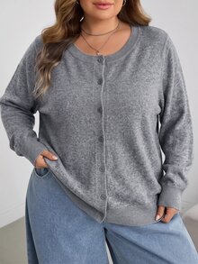 SHEIN CURVE+ 大尺碼休閒純色圓領長袖寬鬆女款冬季上衣 - 灰色 - 查看 5