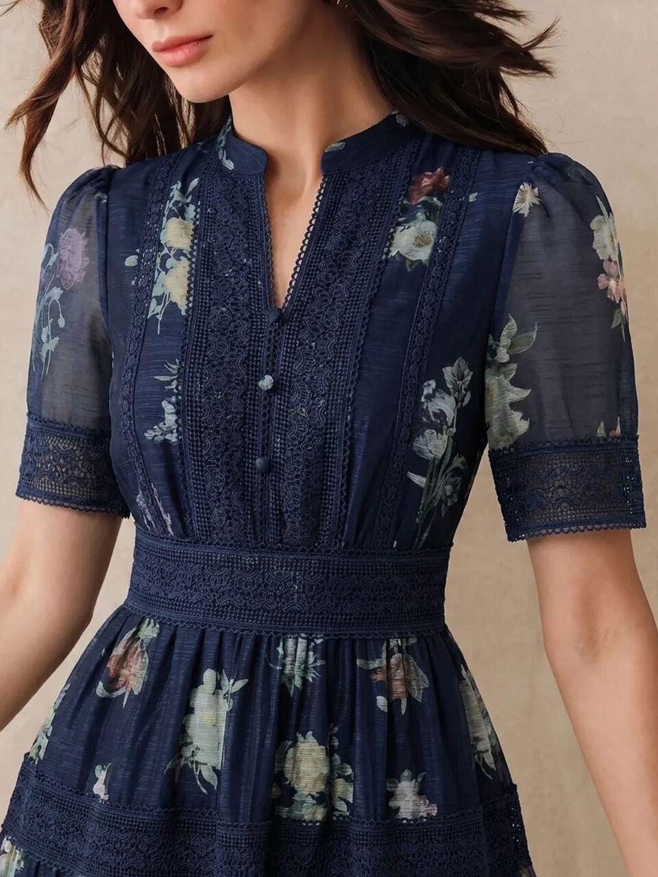 Elegant Cinched Waist Full Skirt Colorful Spring/Summer Floral Pattern Design Heavy Work Patchwork Lace Trim Women's Long Dress