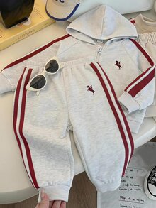 SHEIN 男嬰秋冬兩件套長袖拉鍊連帽衛衣與慢跑長褲，舒適百搭日常運動極簡風，適合室內/戶外、運動、派對、假期、返校 - 彩色 - 查看 2