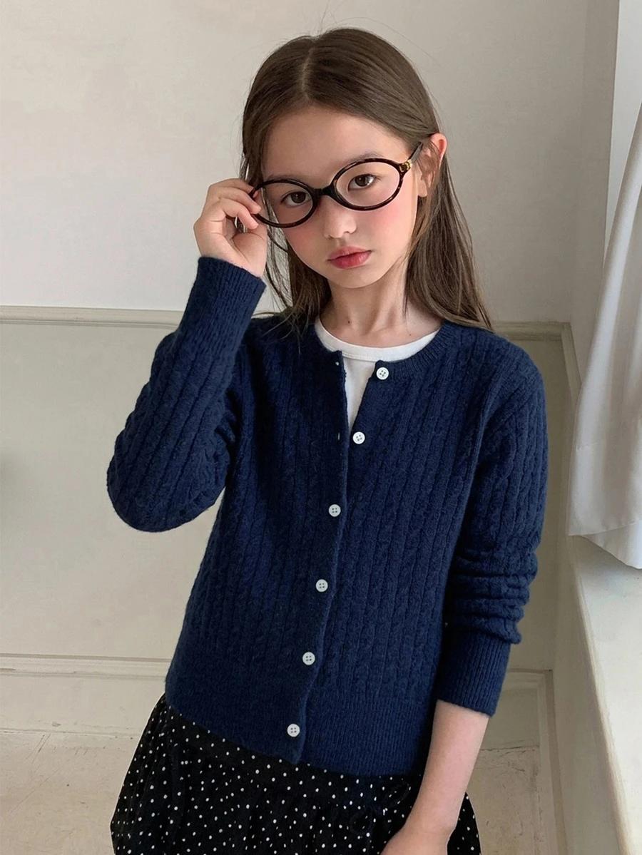 DAZY Girls (Big) V-Neck Open Front Casual Cute Sweater Cardigan Autumn/Winter Top - Navy Blue - View 1