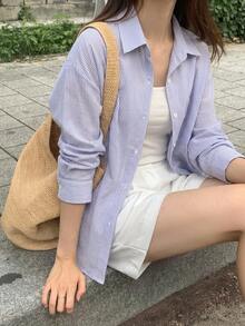 DAZY 女款條紋休閒百搭日常長袖襯衫 - 紫色 - 查看 4
