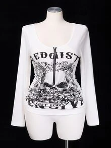 Sunspun Plus Size Subculture Vintage Skull Slim Fit Long Sleeve T-Shirt Fall - White - View 6