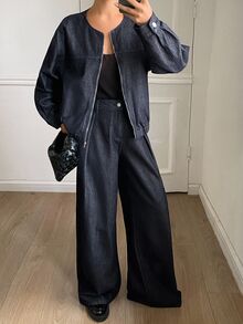 Livesso Tall Women's Round Neck Denim Jacket And Loose Straight Leg Pants Casual Denim Set Fall Everyday Dark Blue - Dark Wash - View 4