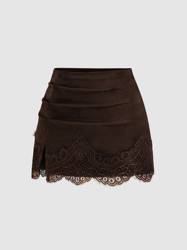 Sweetra Autumn/Winter Fashion New Maillard Brown Suede Slim Fit Hip-Covering Lace Patchwork Anti-Exposure Women's Short Skirt For Daily Wear