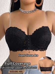 SHEIN 1pc Lace Front Closure Underwire Bandeau Bra Plus Size - Black - View 5