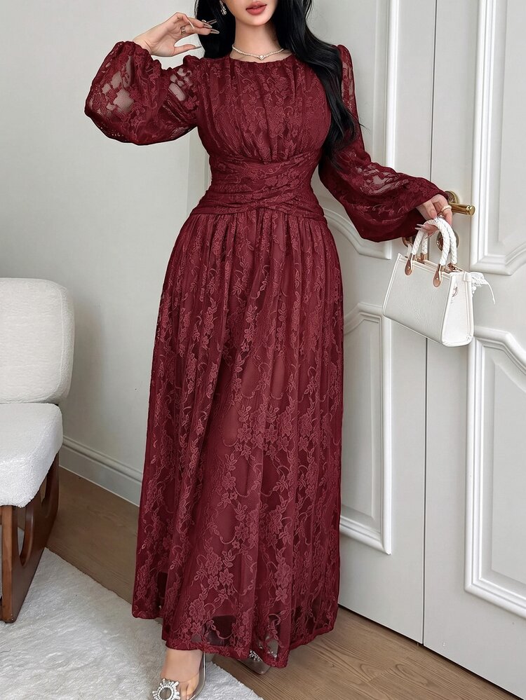 Feyla Sexy Collar Butterfly Ruched Cinched Waist Elegant Niche Dress - Burgundy - View 1