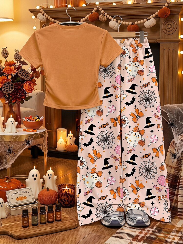 SHEIN Cute Sweet Orange Halloween Little Ghost Pumpkin Ghost Print, Bow Candy Floral, Tween Girls T-Shirt And Long Pants Knit 2-Piece Set Casual Daily Fashion Versatile Quirky Cute, Tween Girl Halloween Graphic - Multicolor - View 3
