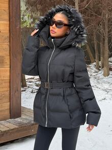 Muchica Winter Fashion Versatile Black Hooded Jacket With Belt Club Everyday Streetwear Casual - Black - View 1