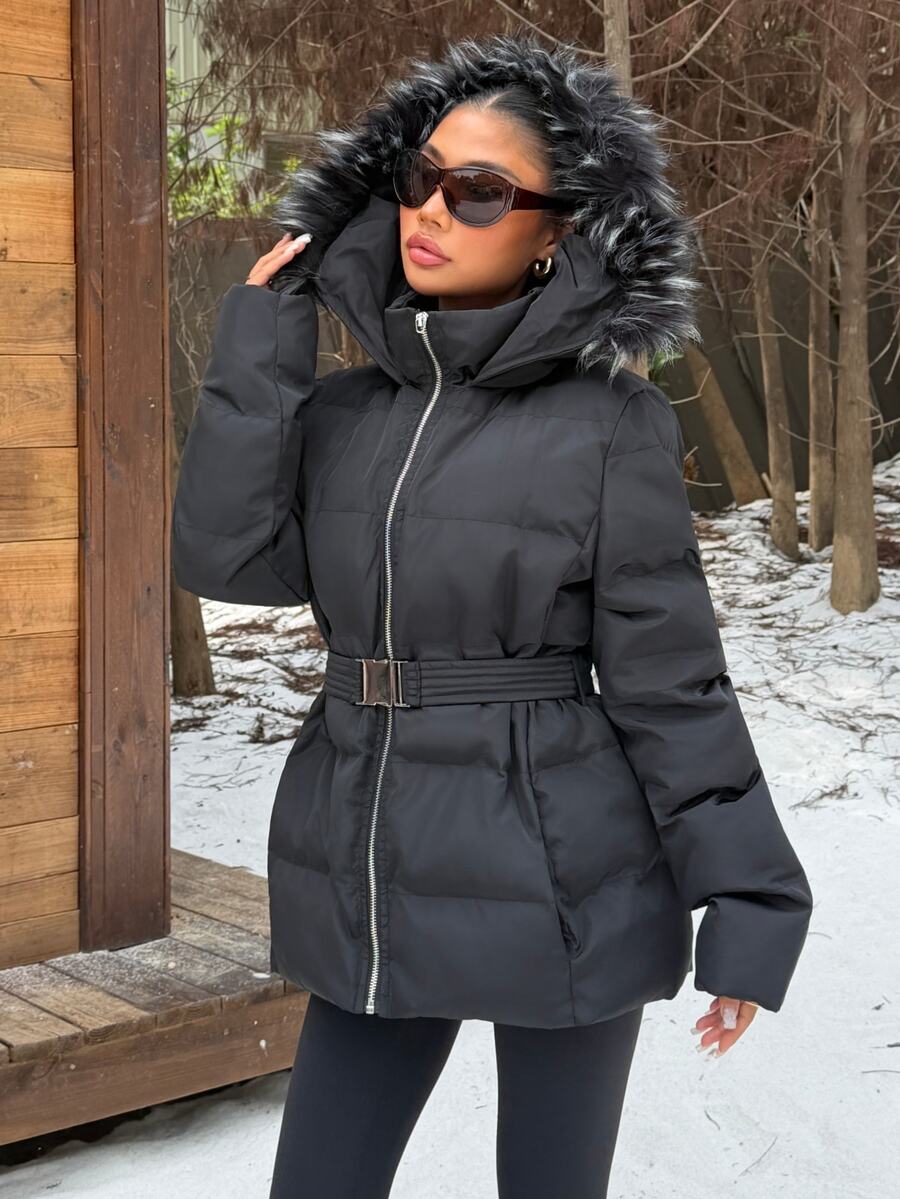 Muchica Winter Fashion Versatile Black Hooded Jacket With Belt Club Everyday Streetwear Casual - Black - View 1
