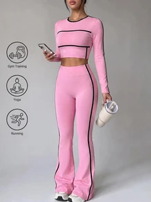 SHEIN Unity 2pcs/Set Women's Pink Knit Seamless Comfortable Elastic Yoga Running Cycling Fitness Outdoor Casual Wear Suitable For Spring Summer Autumn Winter - Pink - View 1