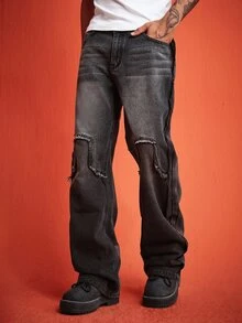 ROMWE MEN Street Life Men's Casual Washed Patchwork Flare Jeans - Grey - View 4