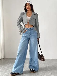 SHEIN EZwear 女款缺口領前開鈕扣長袖短款風衣，適合秋冬日常休閒穿著 - 淺灰色 - 查看 4