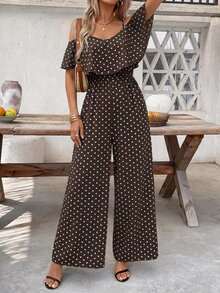SHEIN Clasi 女款波點圖案荷葉邊露肩時尚連身褲，適合度假 - 彩色 - 查看 6