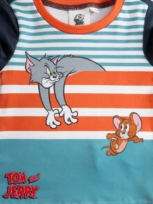 TOM & JERRY X SHEIN طقم ملابس منزلية ضيق للأطفال الذكور بطباعة كرتونية وخطوط ملونة - أزرق بحري - مشاهدة 4