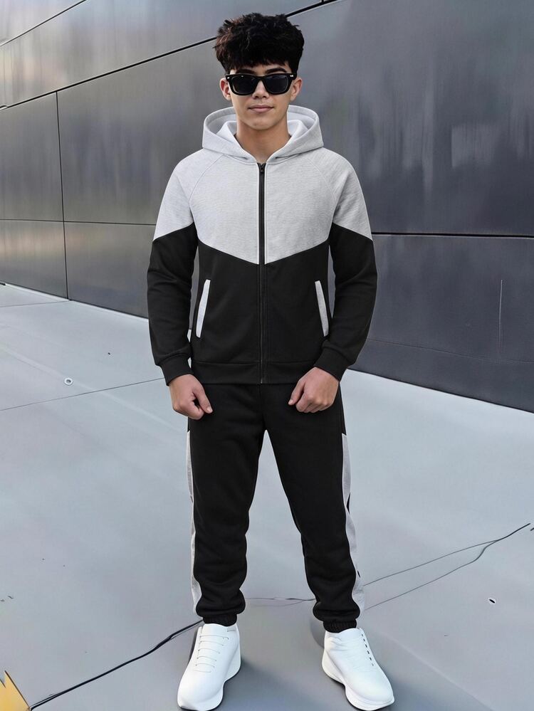 SHEIN 2pcs Kids Tween Boy Casual Sports Daily Versatile Comfortable Colorblock Patchwork Raglan Sleeve Hooded Loose Pullover Long Sleeve Sweatshirt Jacket Outerwear Cuffed Loose Sweatpants Knit Sweatshirt Set 2-Piece Outfit Suitable For Daily Wear School Travel Sports Autumn/Winter - Grey - View 5