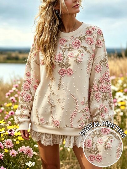 Breezaya Sudadera de mujer estilo bohemio vintage con estampado floral de rosas, manga larga, cuello redondo, holgada y casual, tipo pullover