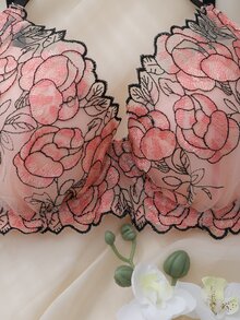 DelicateAllure Pink Underwire Molded Cup Comfy Balconette Push Up High Support Floral Embroidery Pure Romantic Women's Bra - Pink - View 3
