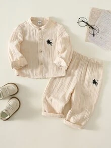 男嬰可愛休閒刺繡長袖襯衫與鬆緊腰長褲2件套 - 彩色 - 查看 2