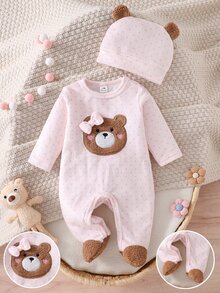 SHEIN Playful Pals Newborn Comfortable Soft Plush Pink Polka Dot Teddy Bear Applique Embroidery 3D Bow Decor Round Neck Fleece Footed Jumpsuit With Hat Autumn Winter - Baby Pink - View 2