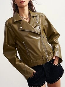 Bohemela Women's Solid Color PU Leather Casual Streetstyle Streetwear Versatile Daily Long Sleeve Jacket Everyday Olive Green Autumn - Army Green - View 4