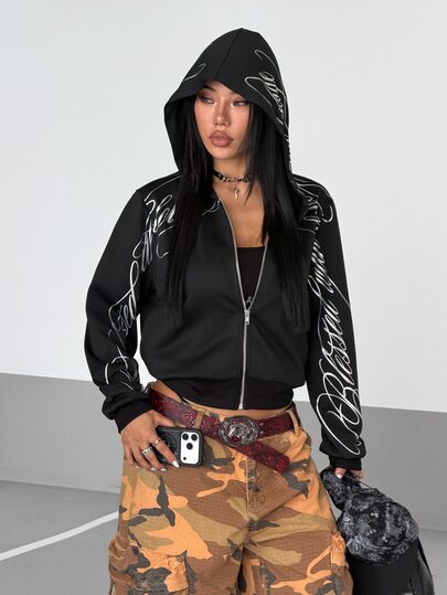 StreetHx Sweat-shirt à capuche noir pour femmes printemps/automne avec décoration imprimée en feuille d'argent factice, fermeture éclair, coupe ample, amincissant, convient pour le style décontracté, le sport, le port quotidien, la fille sexy, le punk rock, le style de rue