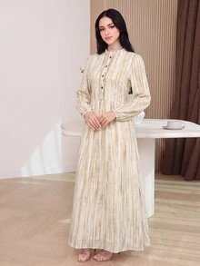 Yasmyna فستان عربي نسائي بتصميم بسيط مع أزرار وفتحة نصفية وأكمام طويلة - متعدد الألوان - مشاهدة 2
