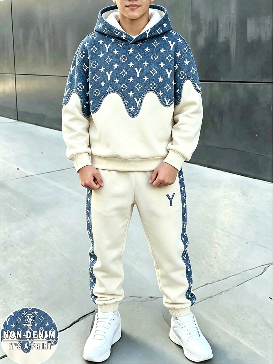 休閒舒適時尚極簡個性字母星星圖案拼色印花對比色休閒風秋冬連帽衛衣套裝,適合外出與運動 - 彩色 - 查看 1