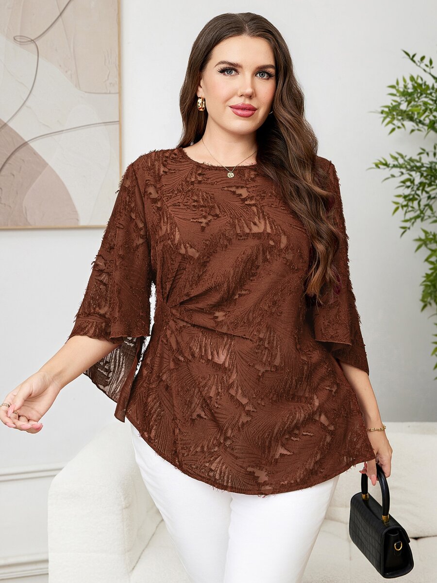 Reflora Plus Size Elegant Commute Solid Color Cut-Out Blouse - Redwood - View 1